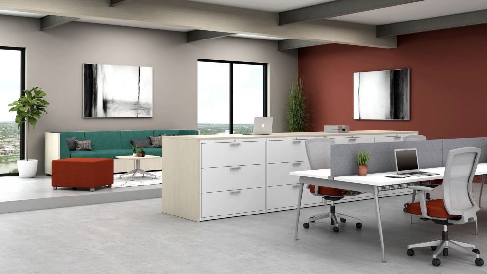 Bright open office space with large windows