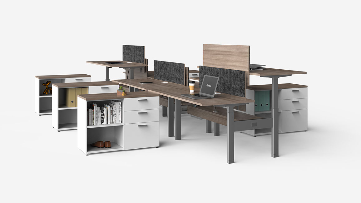 Lively open office area with communal tables